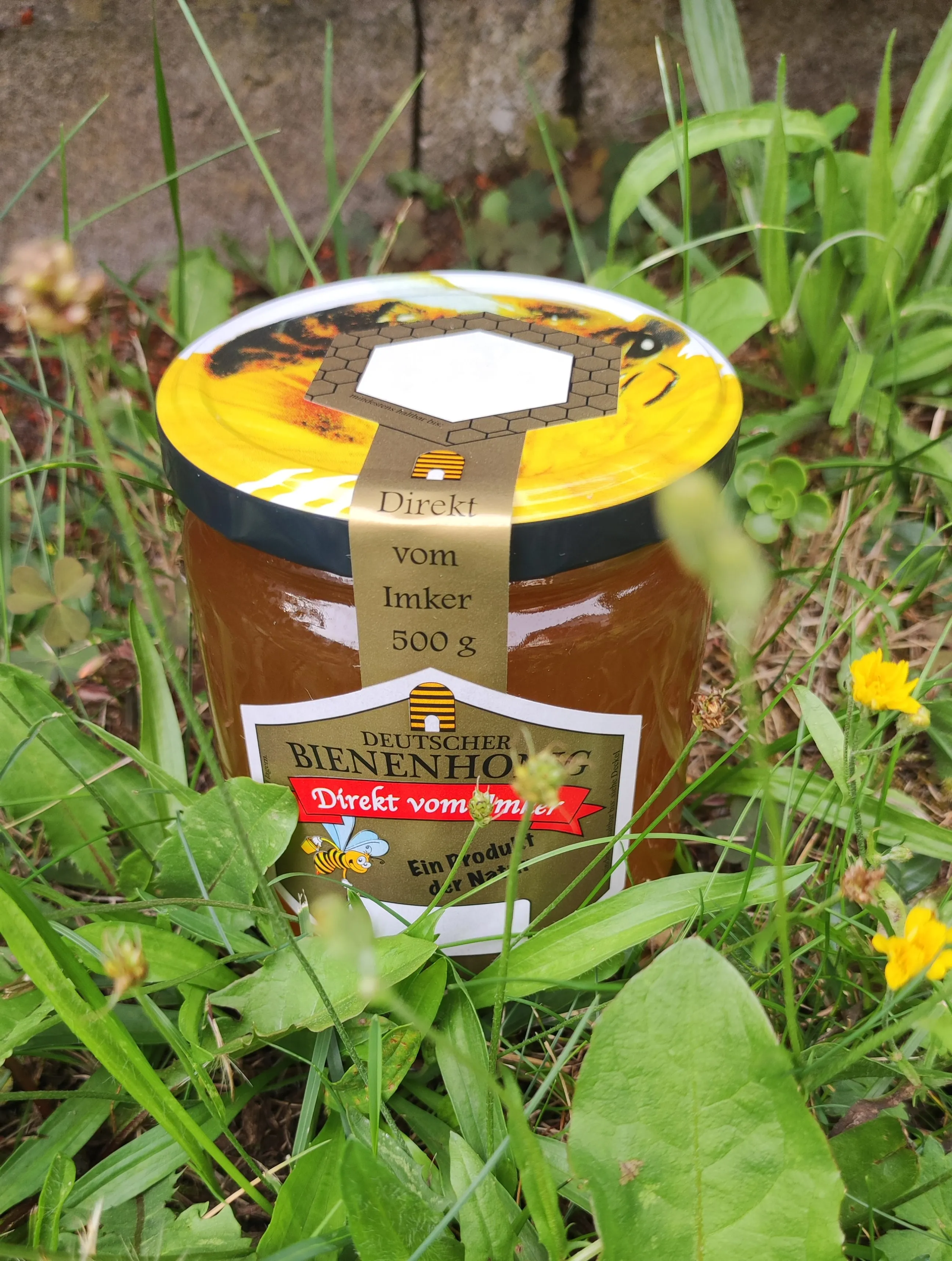 Ein Glas Blütenhonig im Gras.